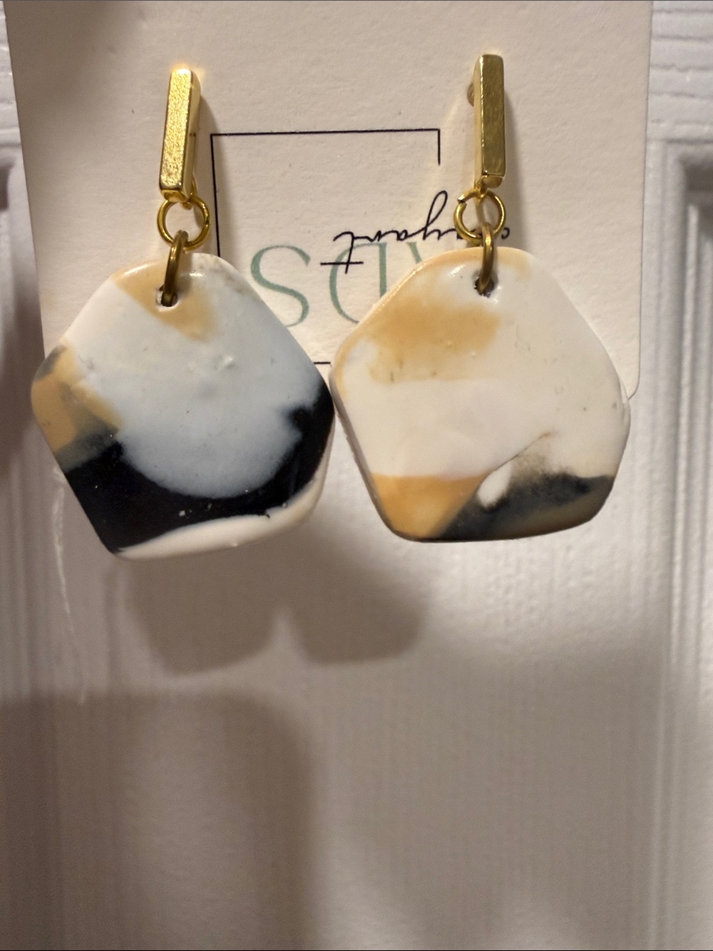 Gold-Accent White, Black & Tan Resin Geometric Drop Earrings